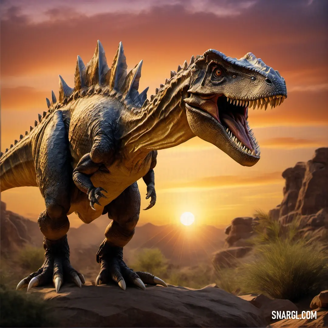 Basilosaurid with its mouth open standing on a rock in the desert at sunset or dawn with the sun setting behind it
