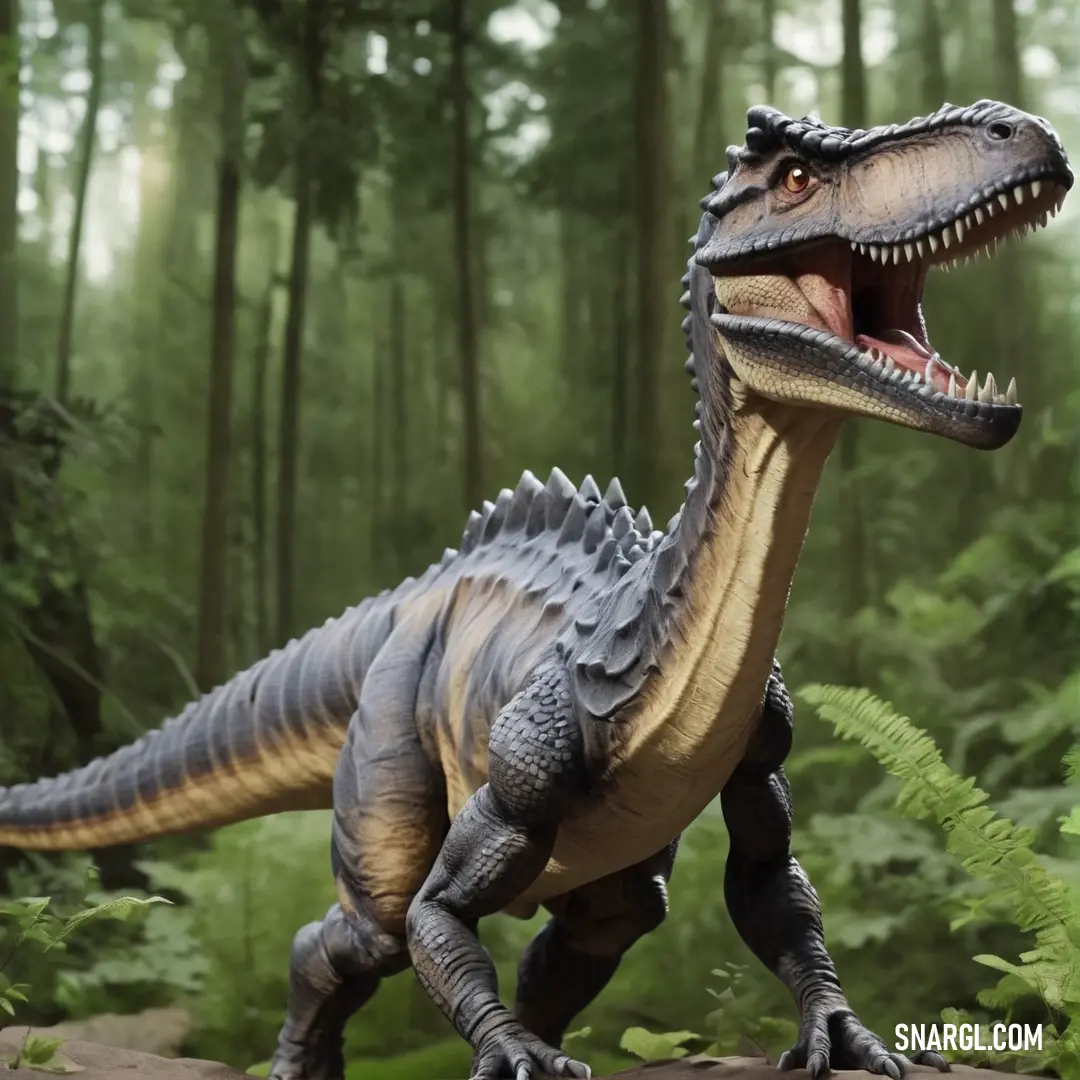 Toy Basilosaurid is standing in the woods with its mouth open and it's mouth wide open