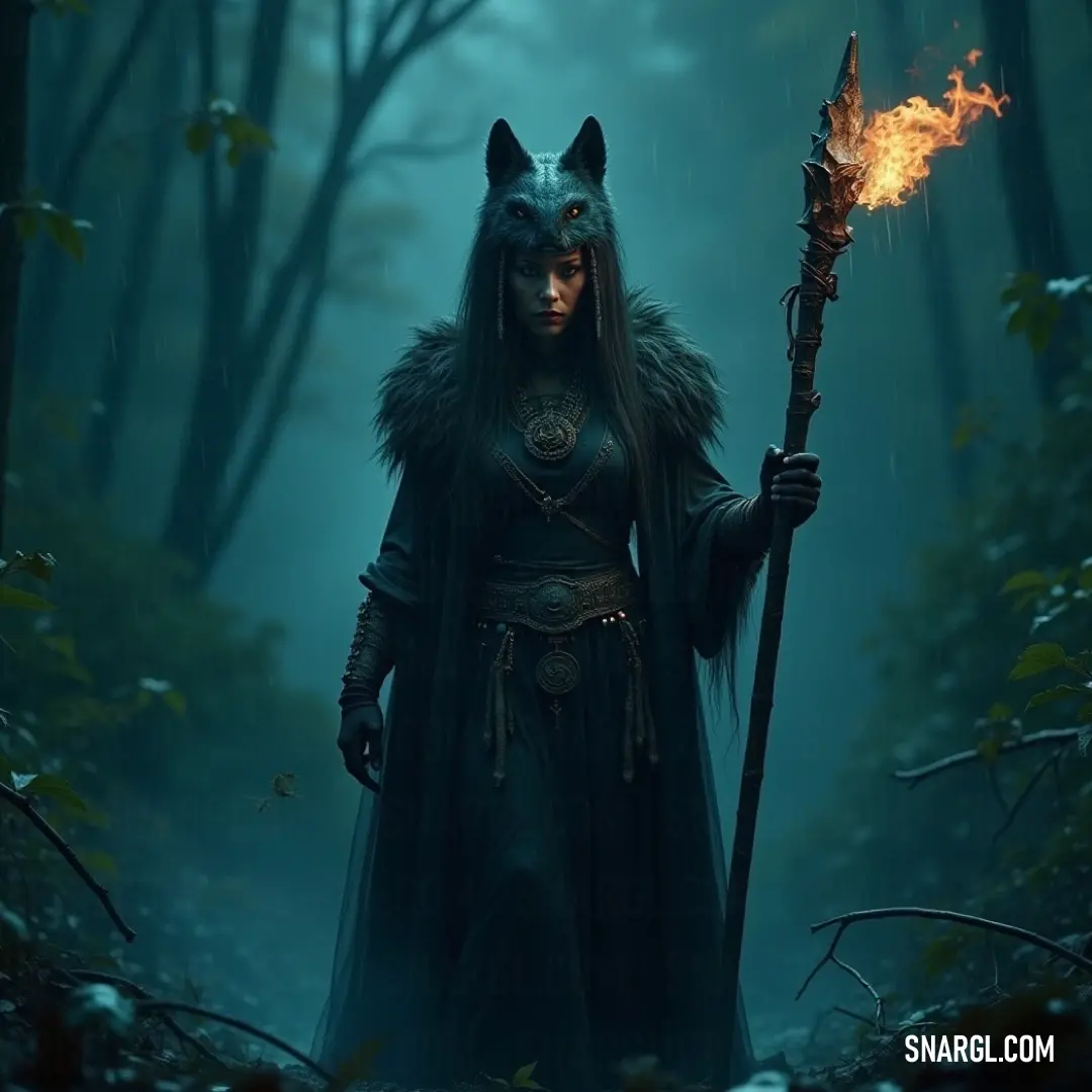 A fierce goddess enveloped in shadows, Bastet stands confidently in a forest, wielding a blazing fire stick while a loyal wolf perches on her shoulder, embodying the essence of strength and mystery.