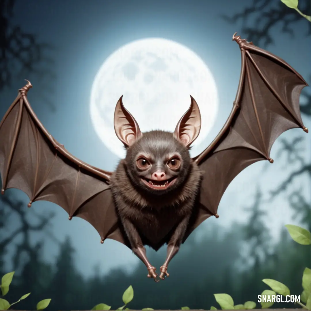 Bat flying in the air over a forest with leaves and a full moon in the background