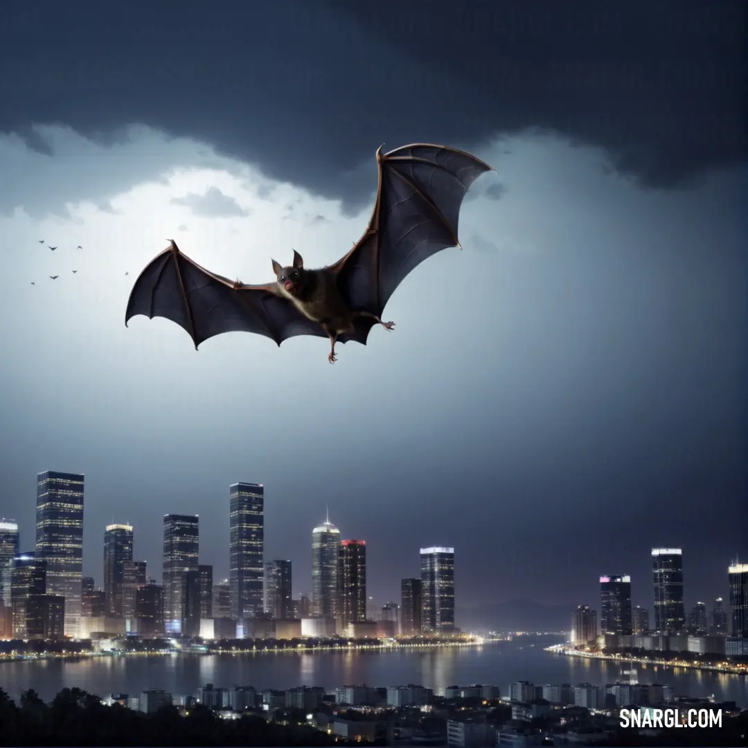 Bat flying over a city at night with a dark sky background