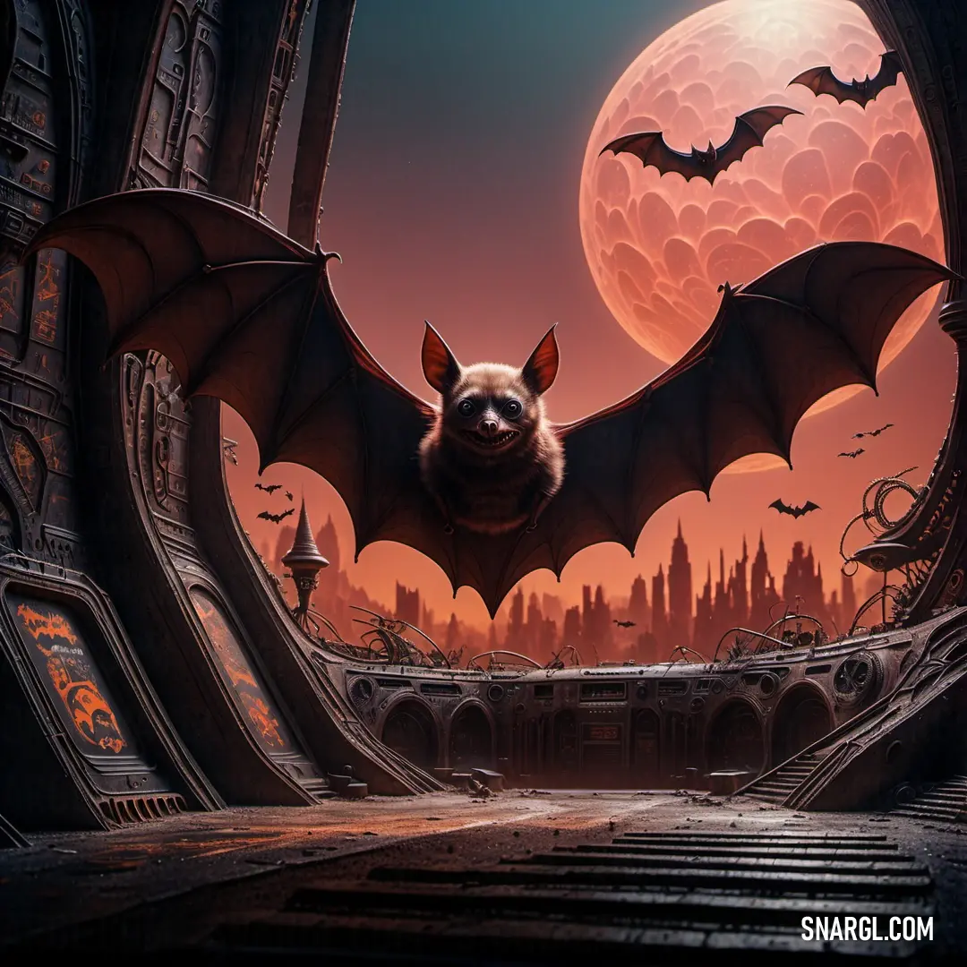 Bat flying over a city with a full moon in the background