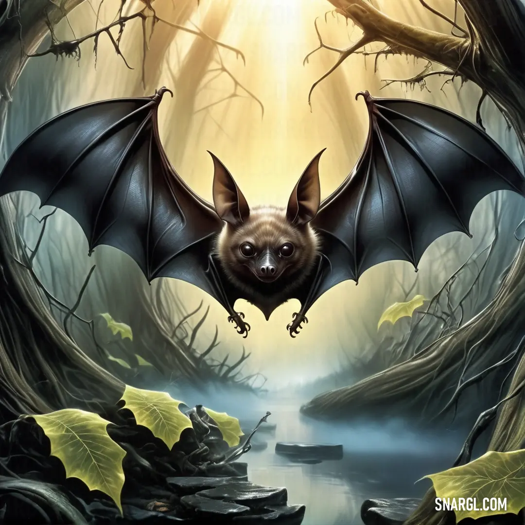 Bat flying over a forest filled with trees and water under a sunbeamed sky with a light shining through the leaves