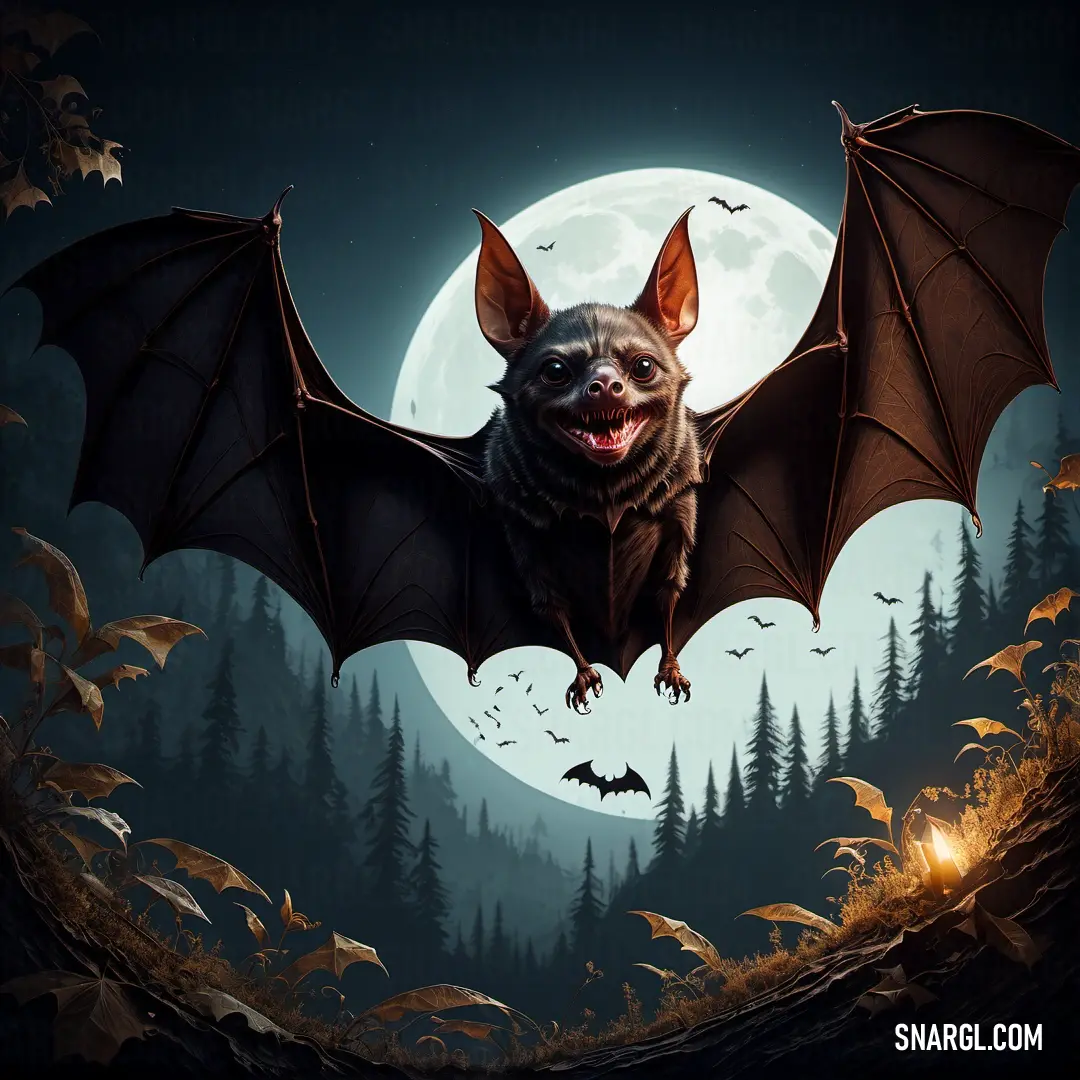 Bat flying over a forest with bats flying around it's head and wings