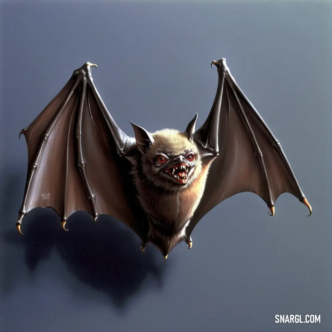 Bat flying through the air with its wings spread out and it's eyes open and it's mouth wide open