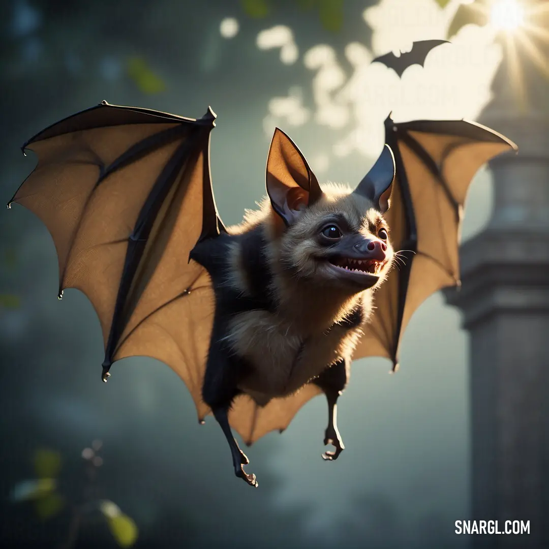 Bat flying through the air with its wings spread out and it's eyes open
