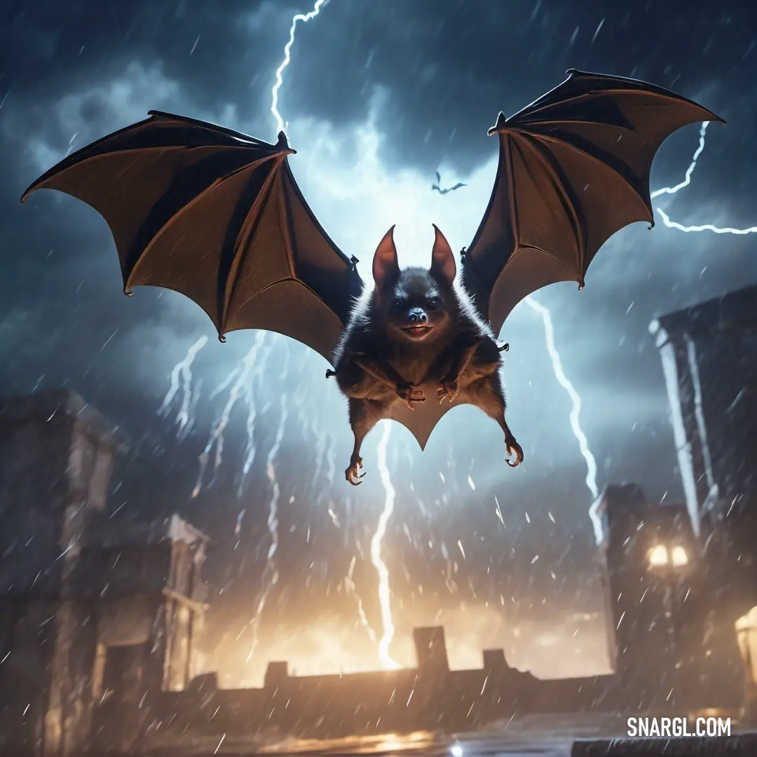 Bat flying through the air over a city at night with lightning in the background