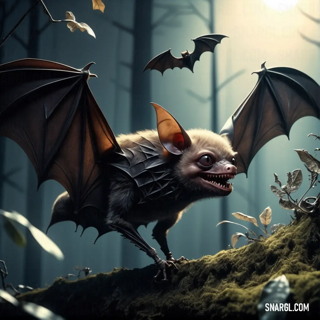 Bat flying through the air over a forest filled with leaves and bats