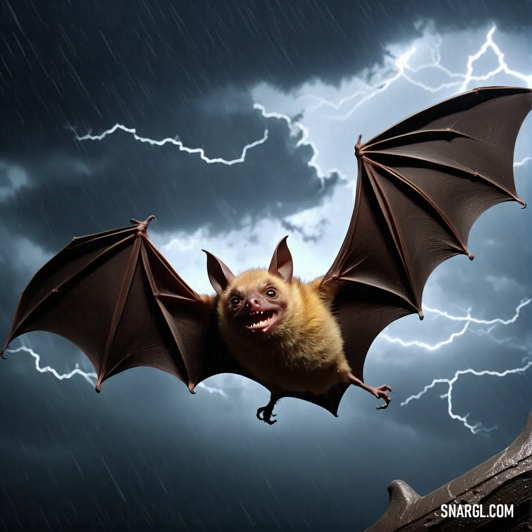 Bat flying through the air with a lightning in the background