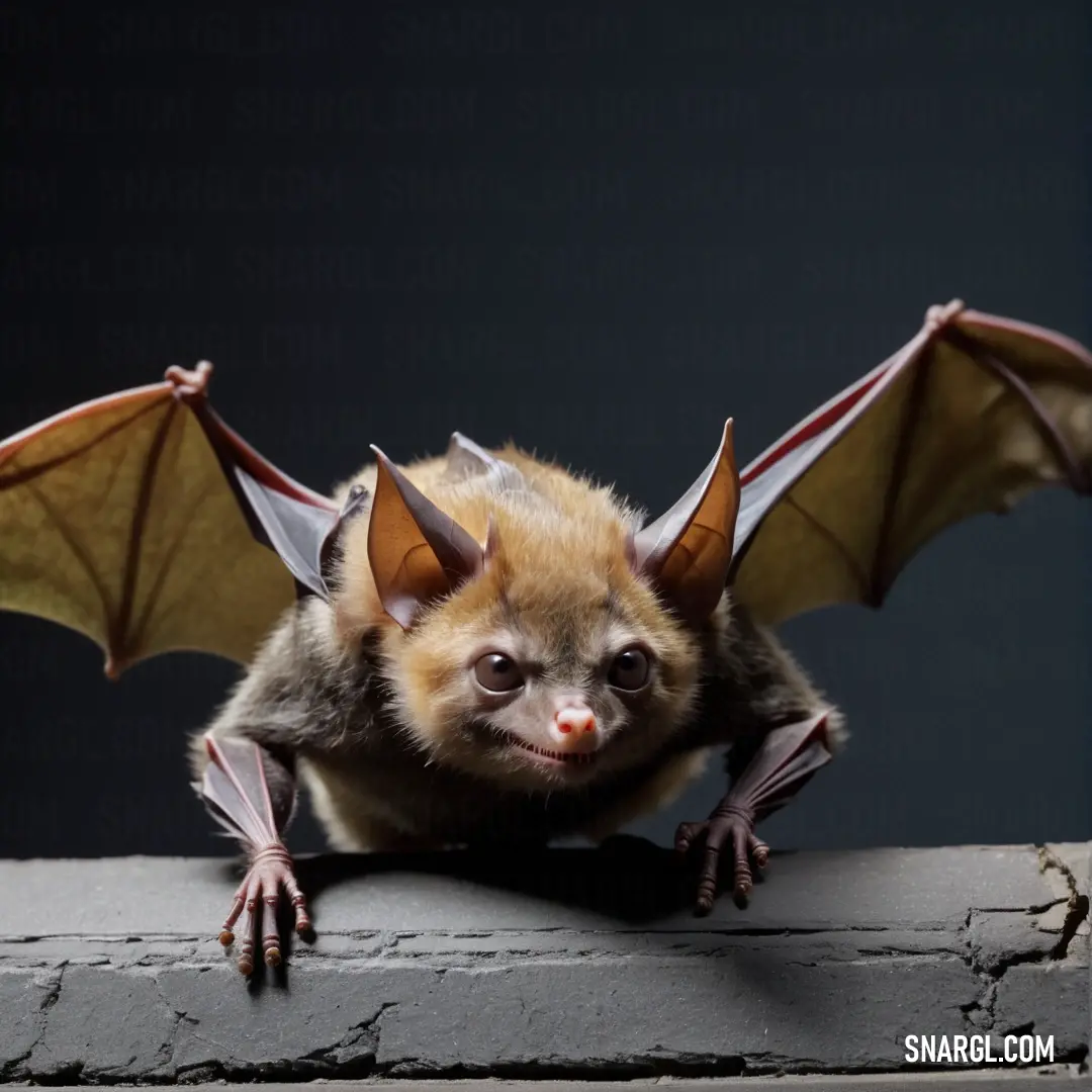 Bat hanging upside down on a ledge with its wings spread out and eyes wide open