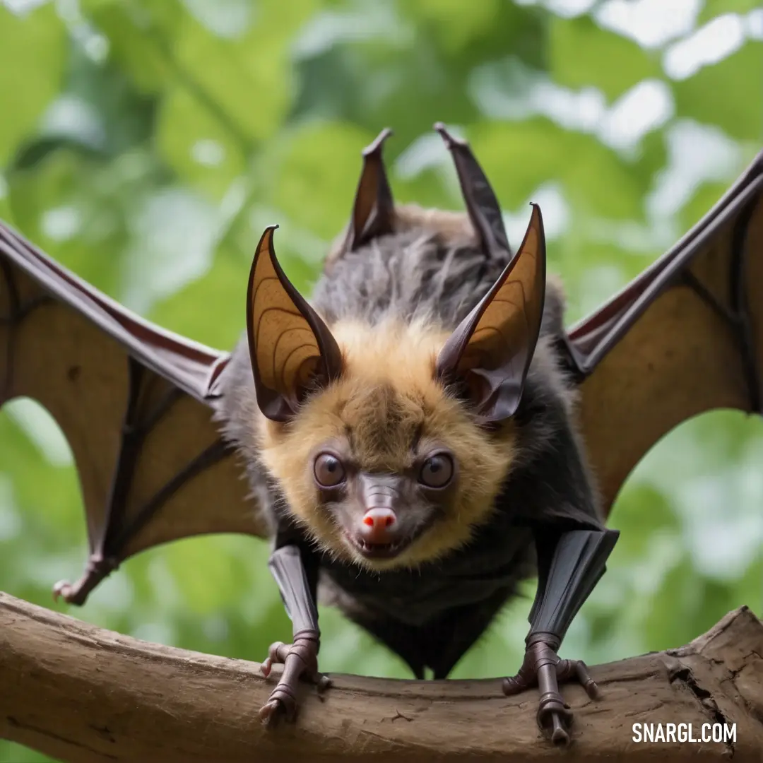 Bat hanging upside down on a branch in a tree branch with leaves in the background