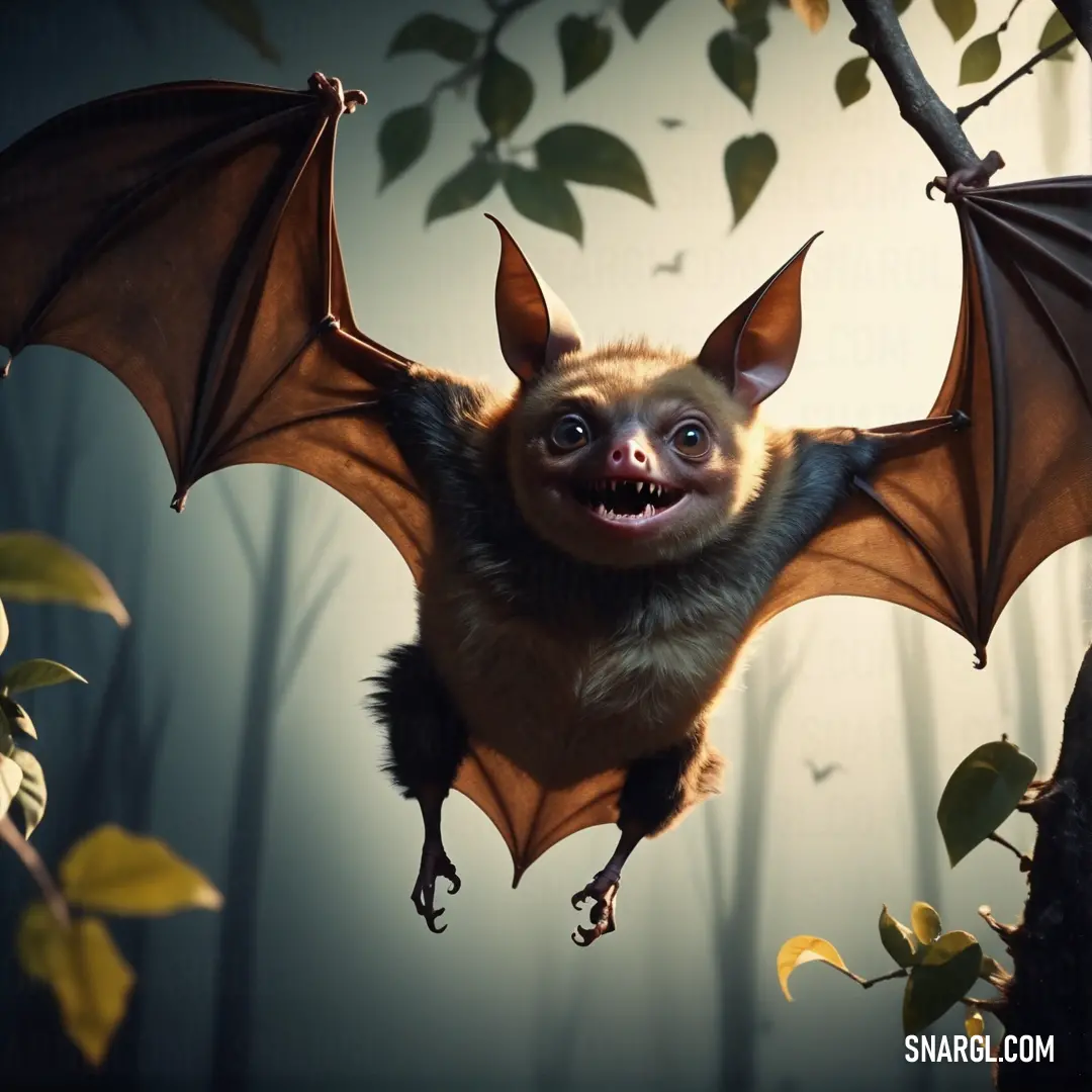 Bat hanging upside down in a tree with its wings spread out and it's mouth open and it's eyes wide open