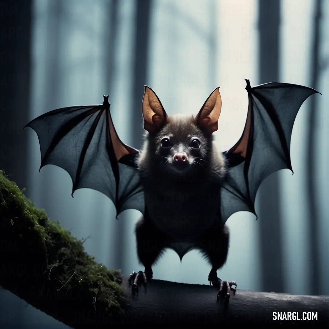 Bat is standing on a branch in the woods with its wings spread out and eyes wide open