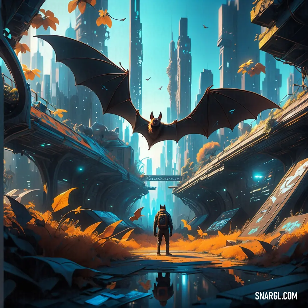 Bat standing in a futuristic city with a bat flying over him and a futuristic city in the background