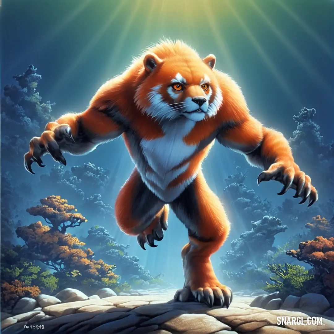 Cartoon picture of a red panda standing on a rock in the woods with his arms outstretched and eyes wide open