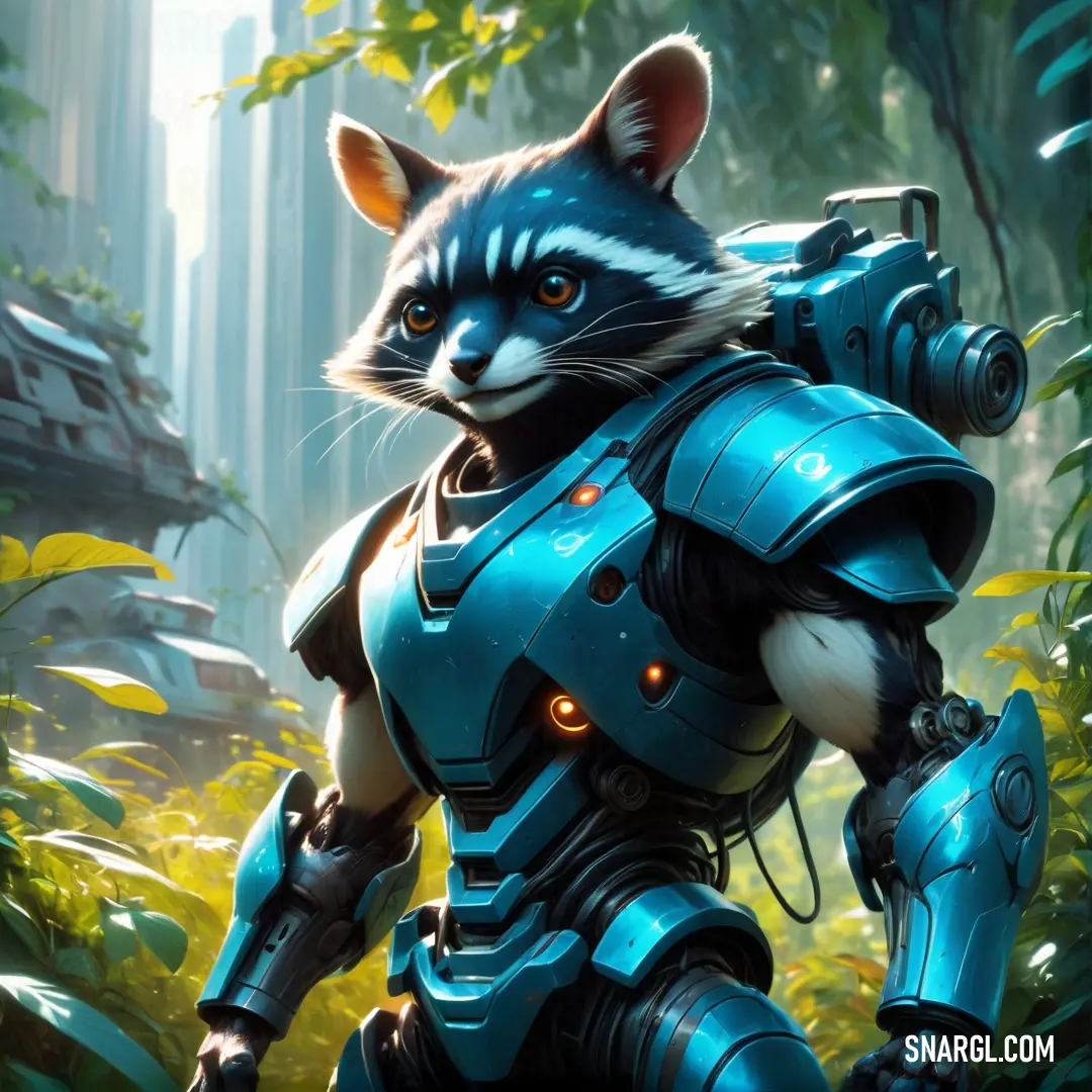 Raccoon in a suit in a forest with a Batignat suit on it's chest and glowing eyes