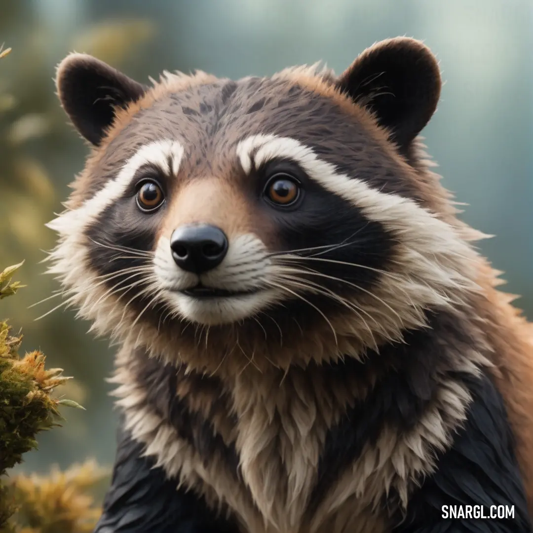 Raccoon is standing in a tree looking at the camera with a blurry background of trees