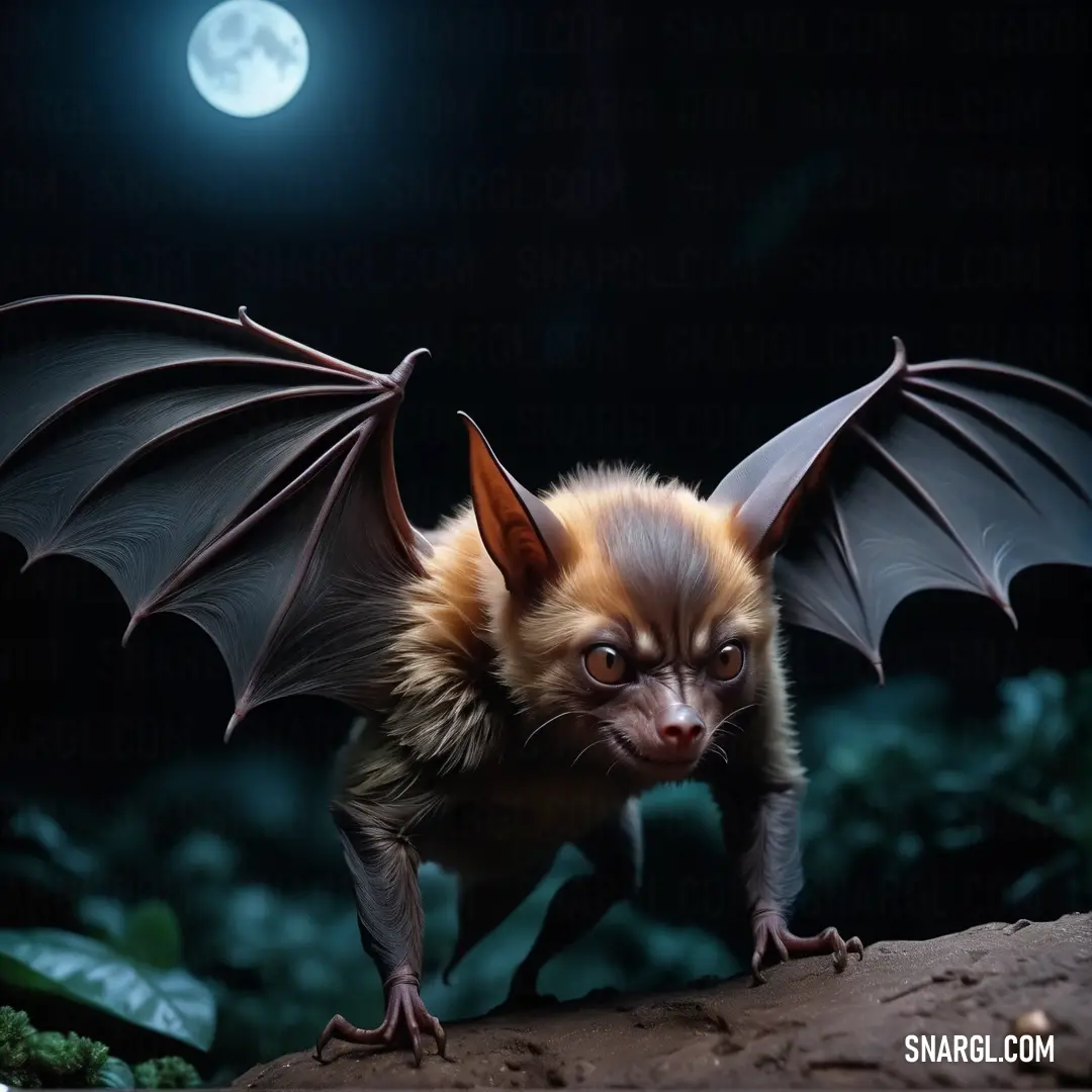 Bat with a long tail standing on a rock in the night with a full moon in the background