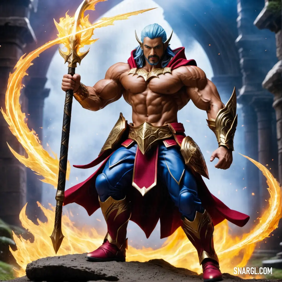 Battle mage with a sword and a fire ring around his neck and shoulders