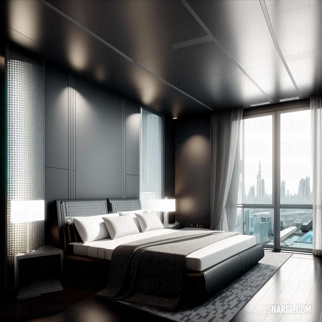 Bedroom with a large bed and a large window overlooking a cityscape in the distance
