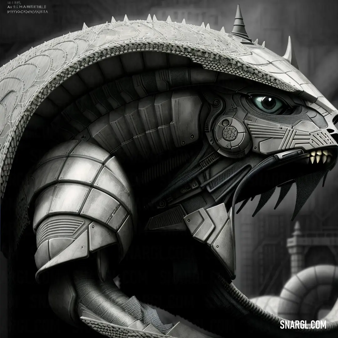 Black and white photo of a dragon head with spikes on it's head and a helmet on its head