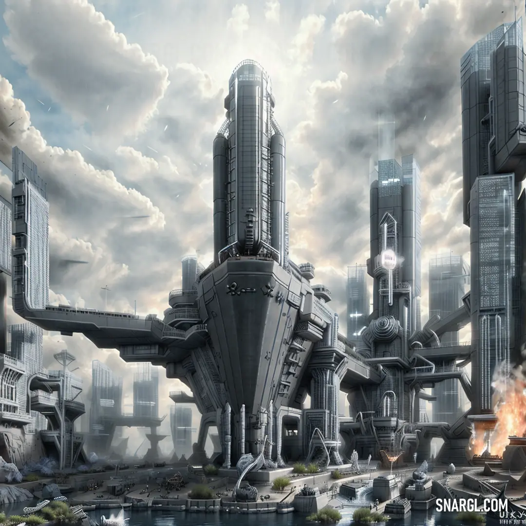 Futuristic city with a lot of tall buildings and a lot of smoke coming out of it's pipes