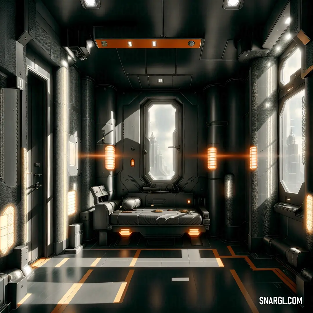 Futuristic looking room with a couch and a table in it with lights on the ceiling