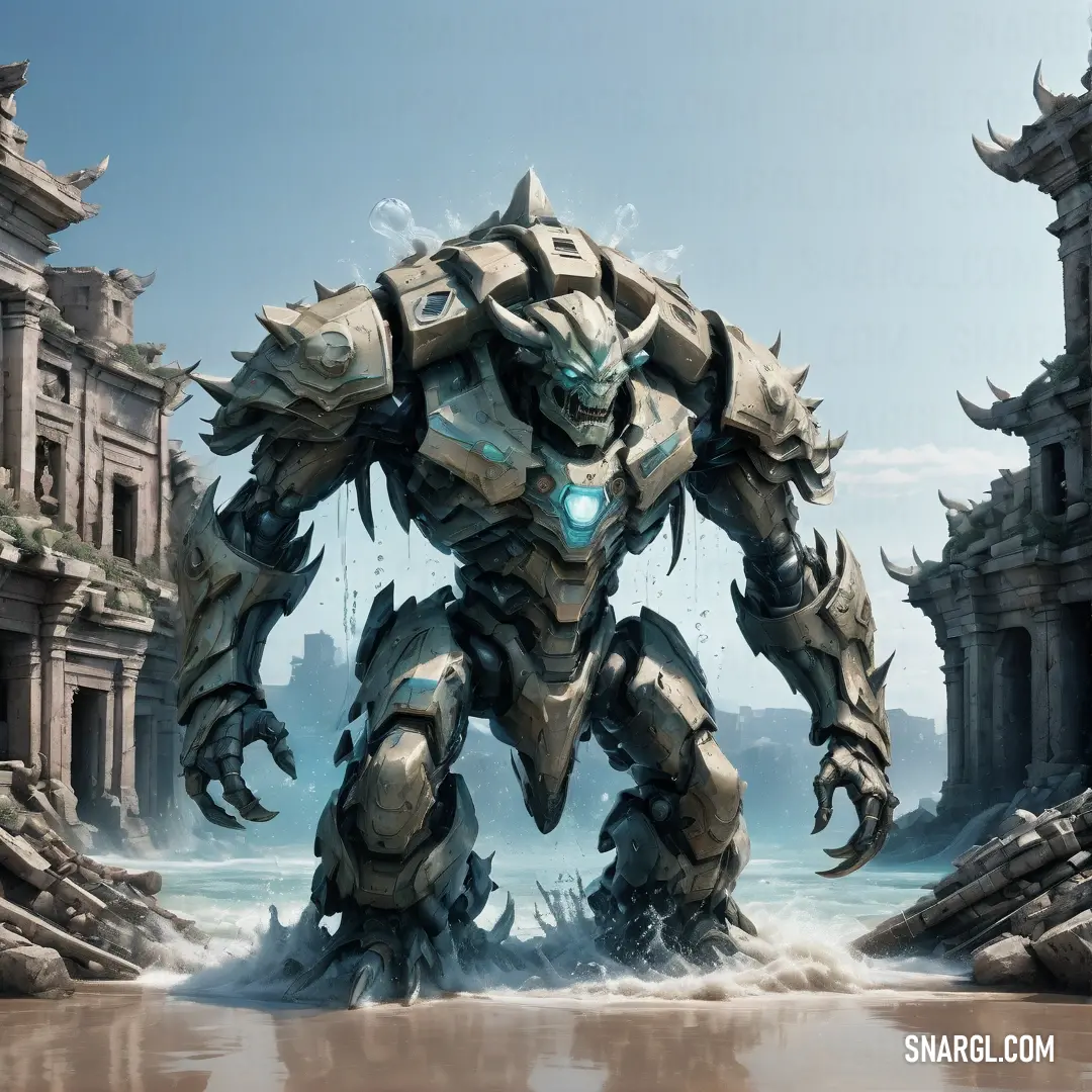 Battleship grey color example: Giant robot standing in front of a city with a giant building in the background