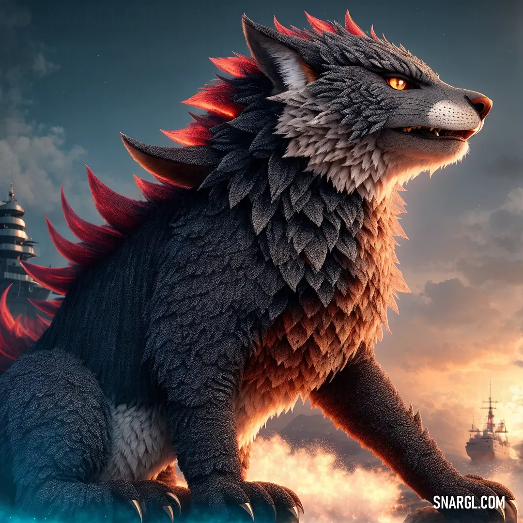 Large furry creature sitting on top of a blue surface with a ship in the background and clouds in the sky