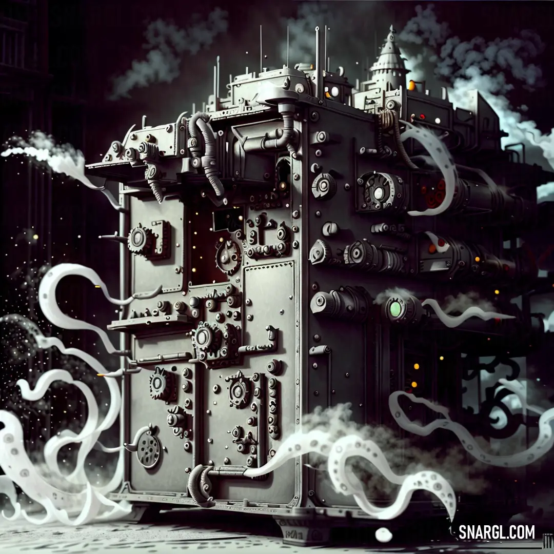 Large machine with steam coming out of it's side and a sky background with clouds and stars