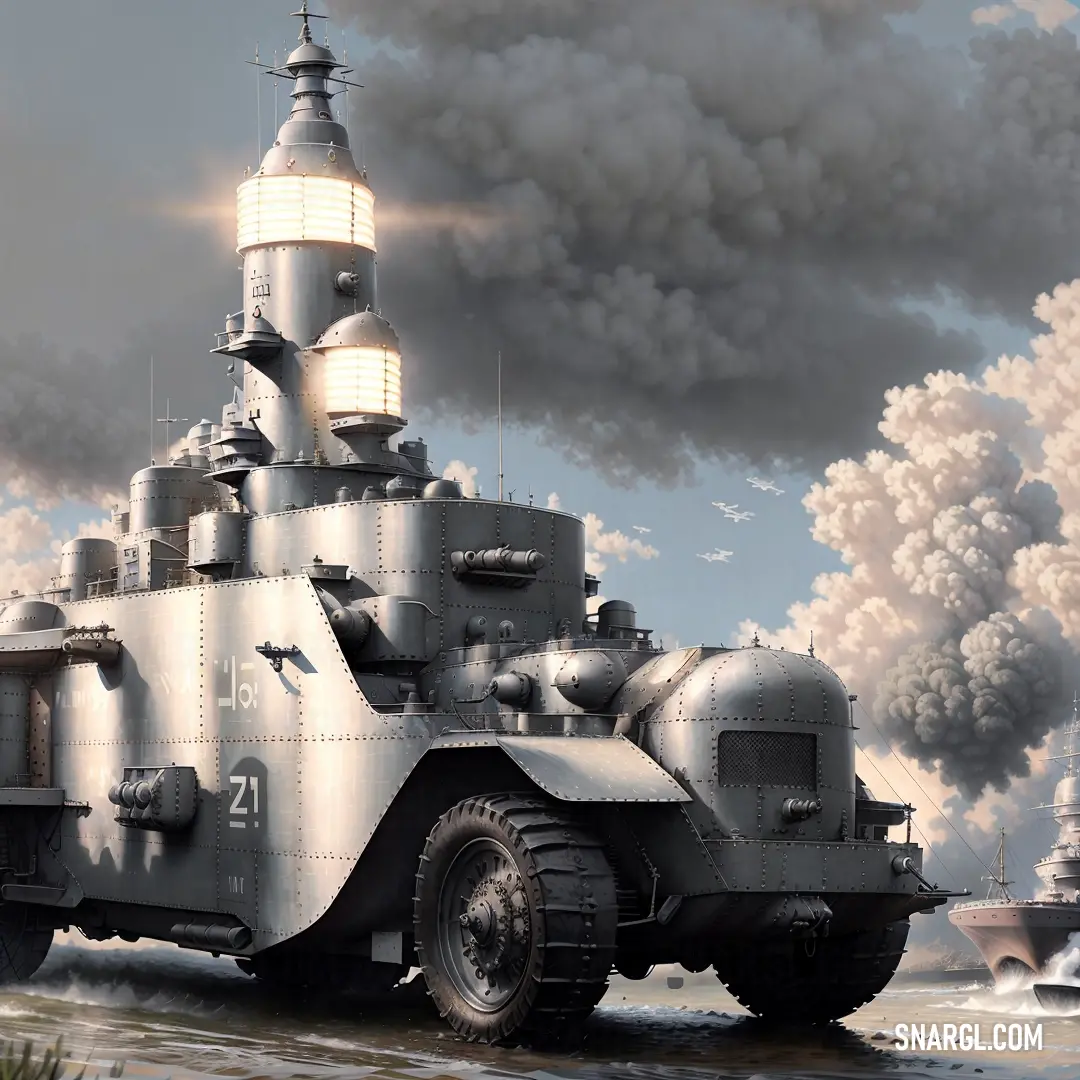 Large military vehicle with a tower on top of it in a body of water with smoke billowing from the stacks