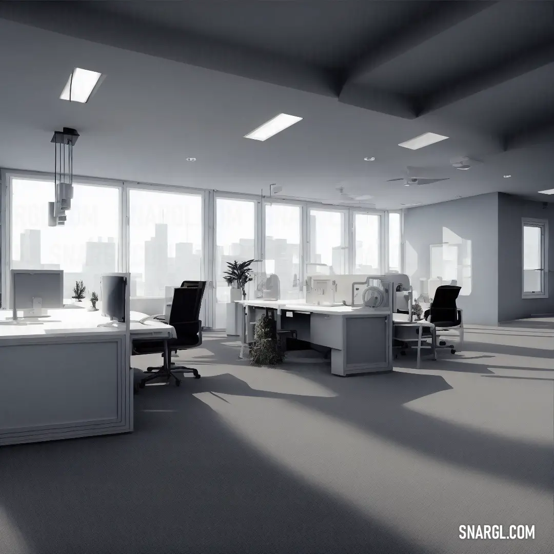 Large open office with a lot of windows and a desk with a computer on it and a plant in the middle
