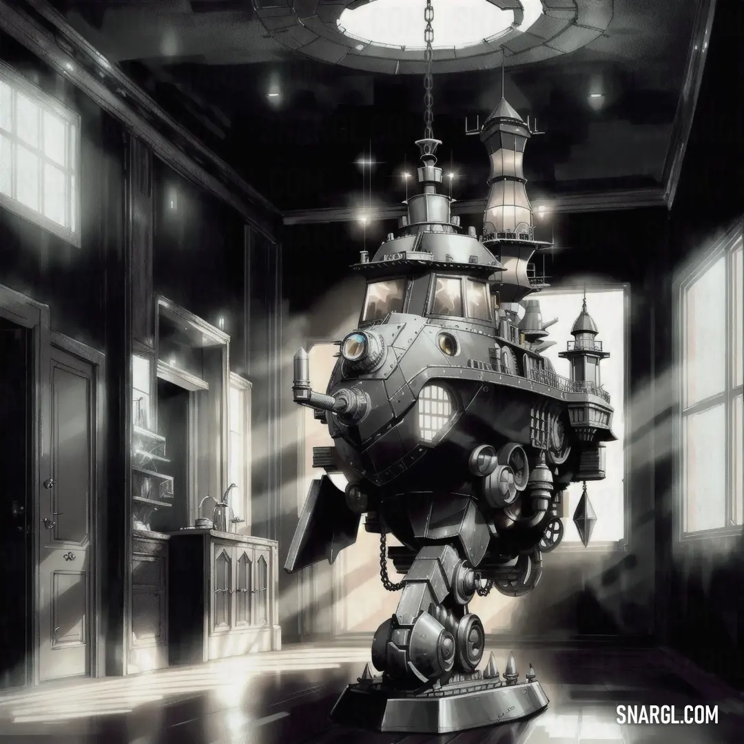 Large robot is standing in a room with a chandelier above it and a clock on the ceiling