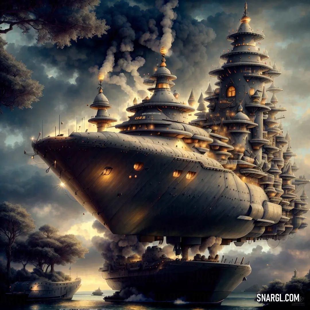 Large ship floating on top of a body of water under a cloudy sky with lots of lights on it
