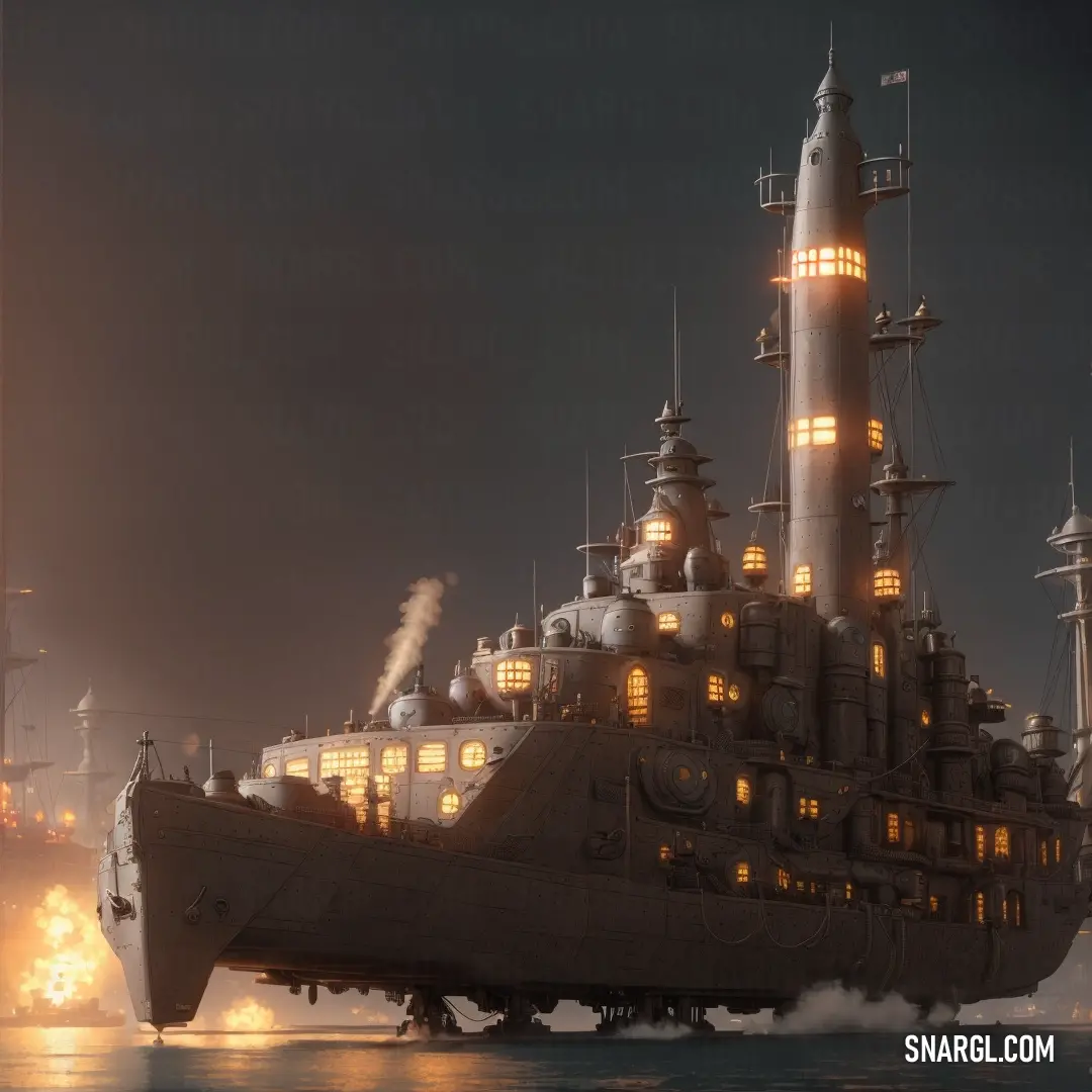 Large ship with a lot of lights on it's side in the water at night time with a lot of smoke coming out of the top