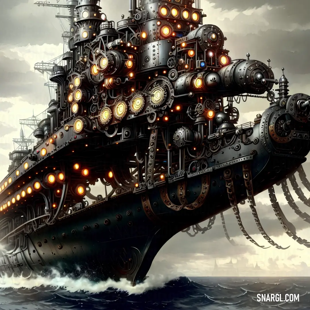 Large ship with a lot of lights on it's side in the ocean with a giant octopus