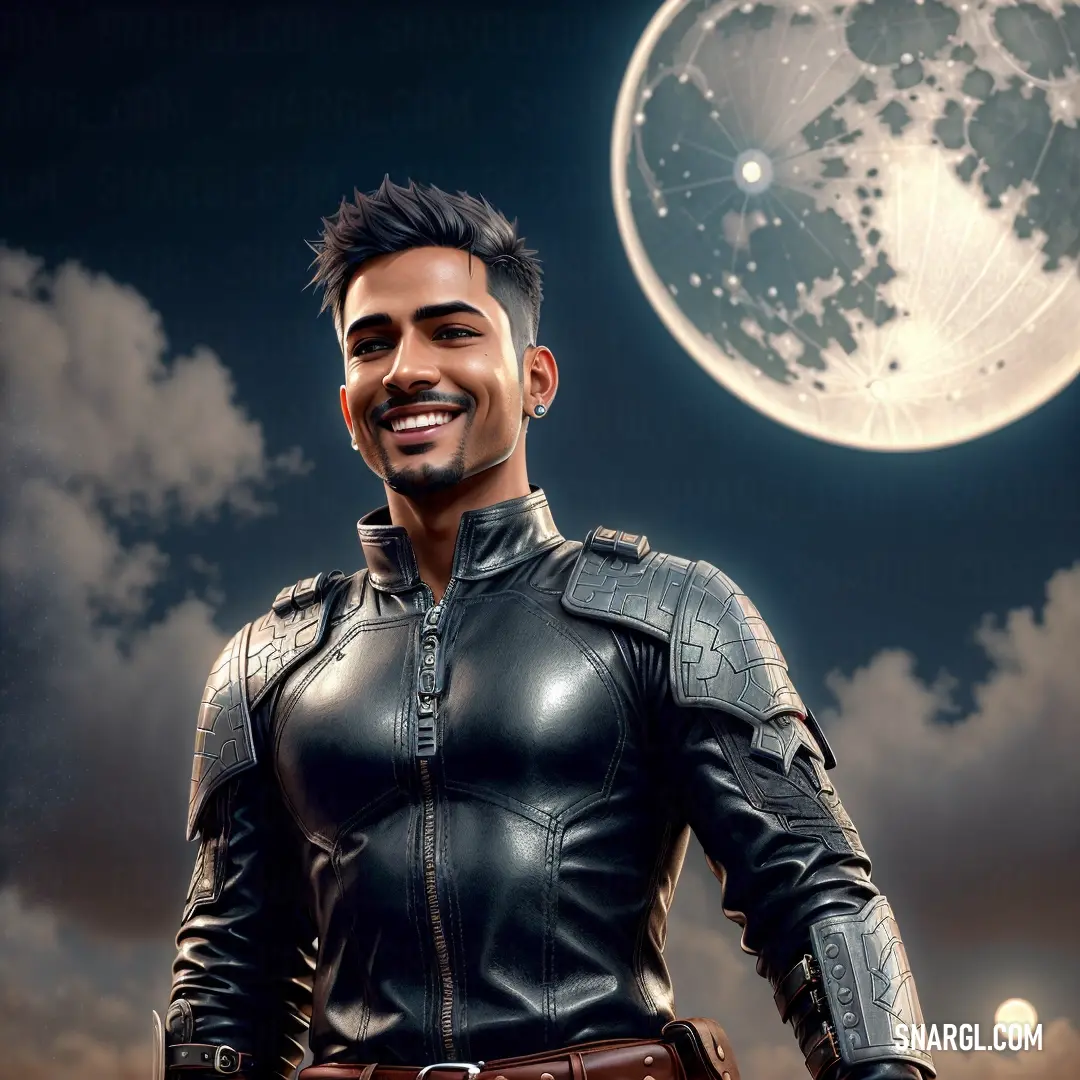 Man in a leather outfit standing in front of a full moon with a star in the sky behind him