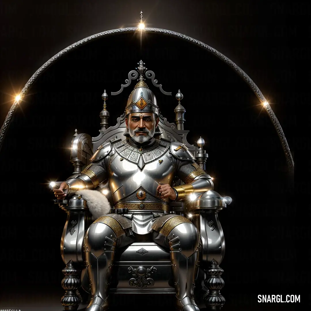 Man in a silver armor on a chair with a sword and a light shining on his face
