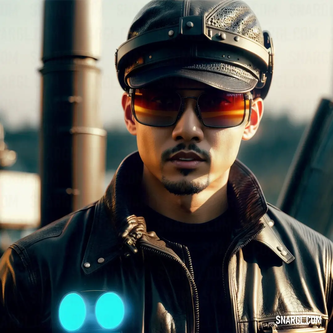 Man wearing a leather jacket and a hat with a blue light on it's face