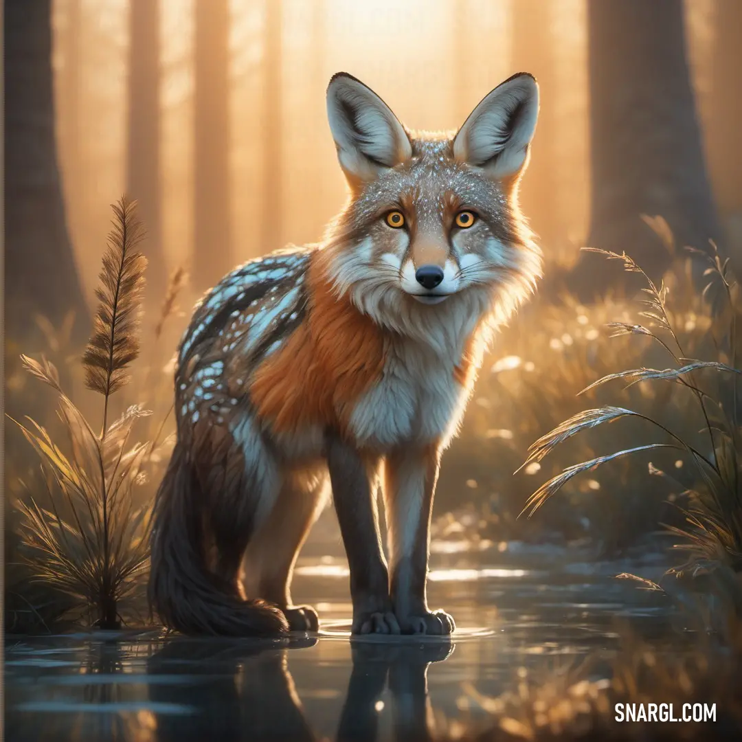 Painting of a fox standing in a forest with a stream in front of it and a sunbeam in the background. Example of CMYK 0,0,2,48 color.