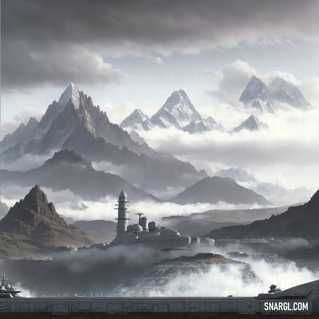 Painting of a mountain range with a castle in the foreground and a foggy sky above it