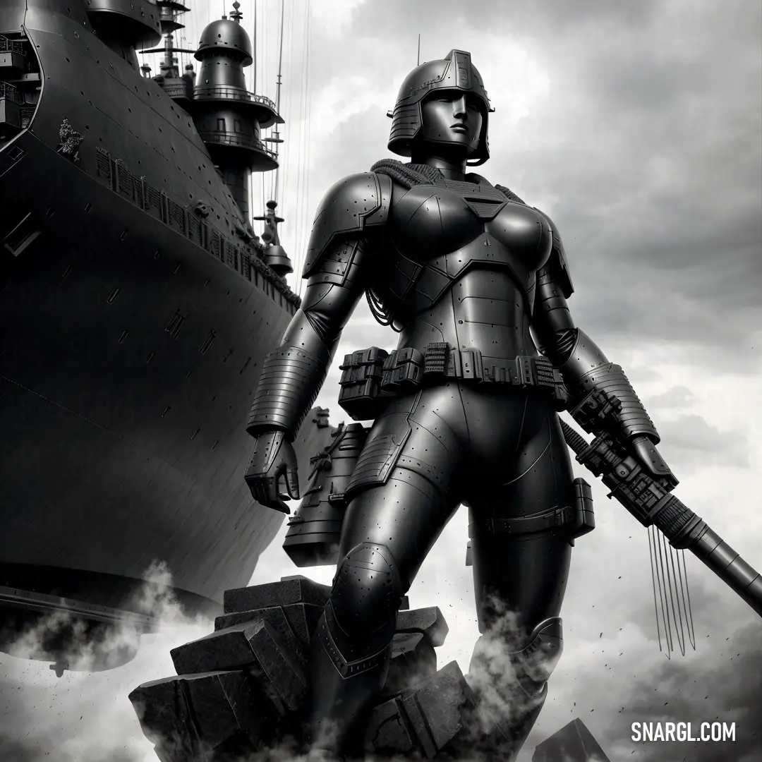 Woman in a futuristic suit holding a gun in front of a ship in the ocean with smoke coming out of her