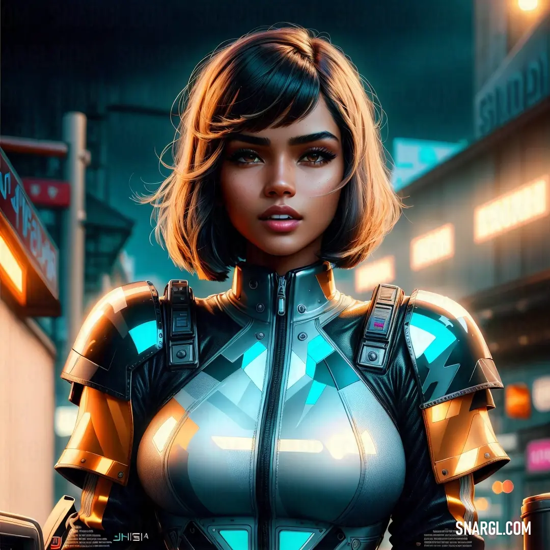 Woman in a futuristic suit standing in a city street at night with a neon light on her chest