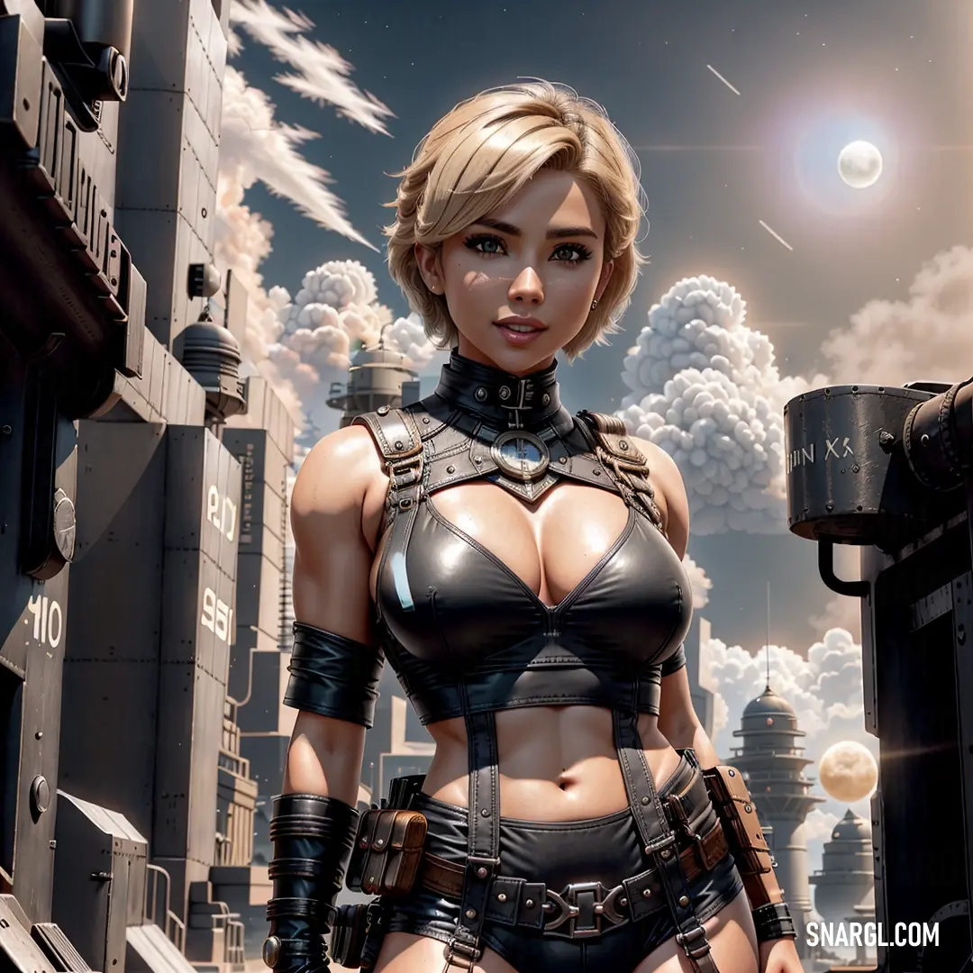Woman in a leather outfit standing in a futuristic city with smoke and steam behind her and a sky background