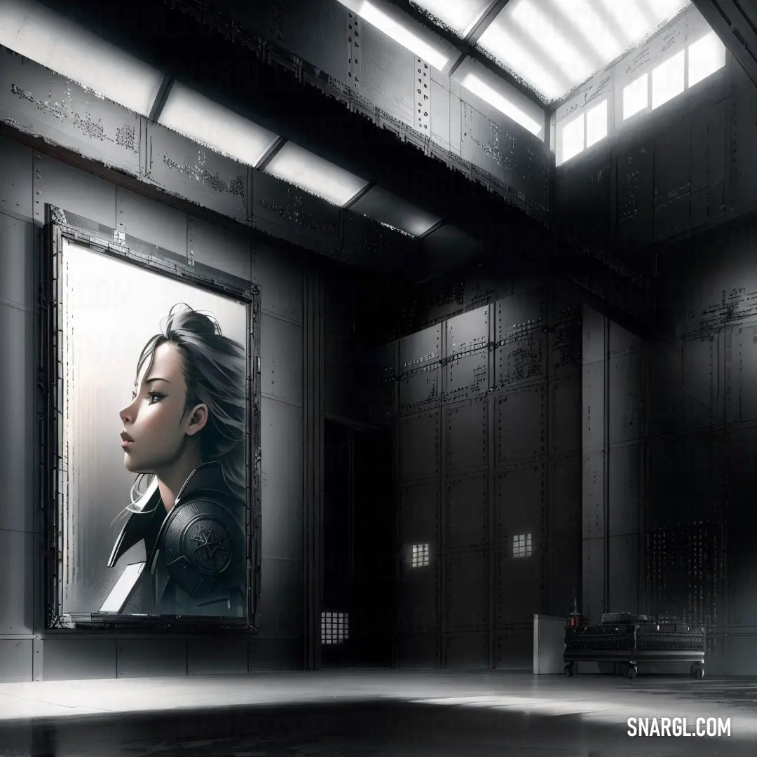 Woman is looking at a large picture in a building with a window and a light coming through it