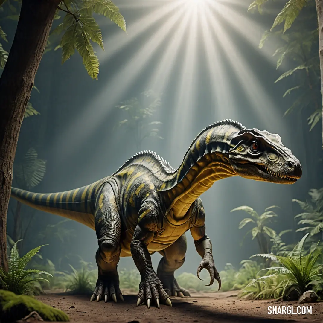 Bavarisaurus in a forest with a bright light coming from behind it's head and neck
