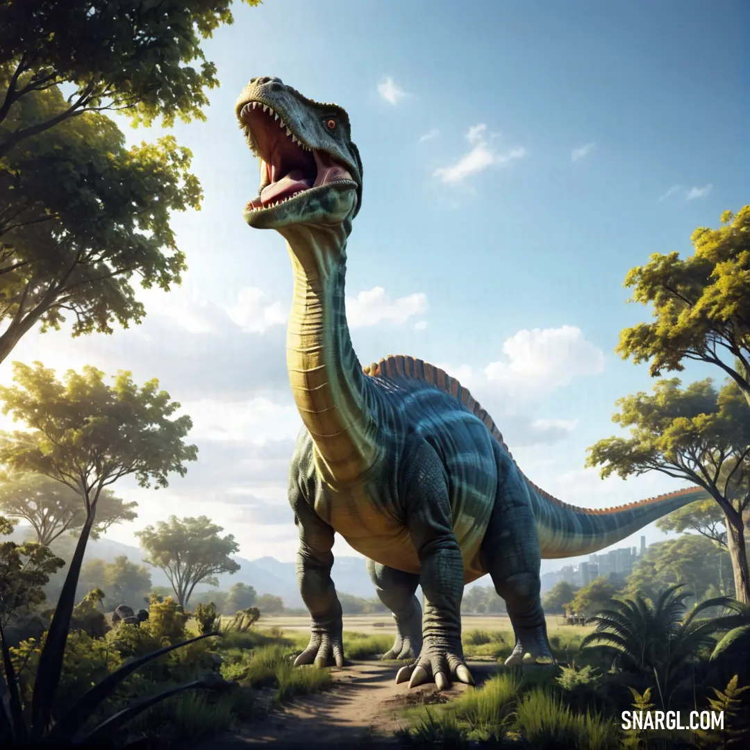 Bavarisaurus is walking through a forest with trees and bushes in the background