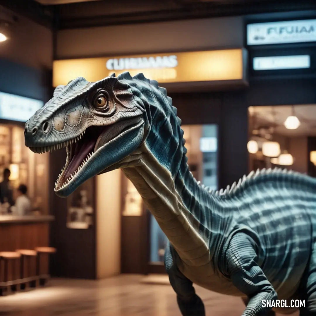 Bavarisaurus statue in a museum with people walking by it and a sign in the background