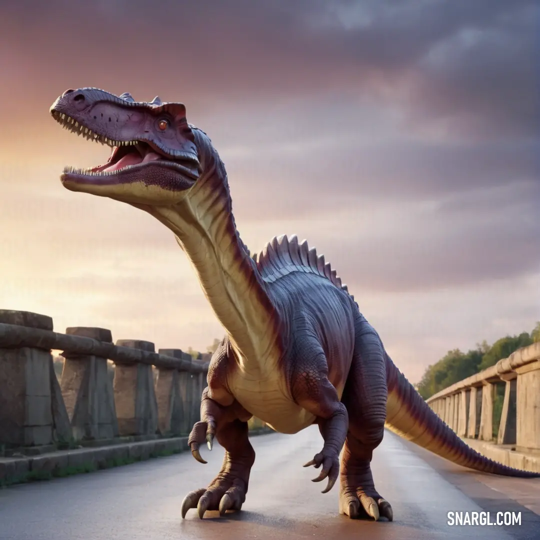 Large Bavarisaurus is standing on the side of the road with its mouth open and it's mouth wide open