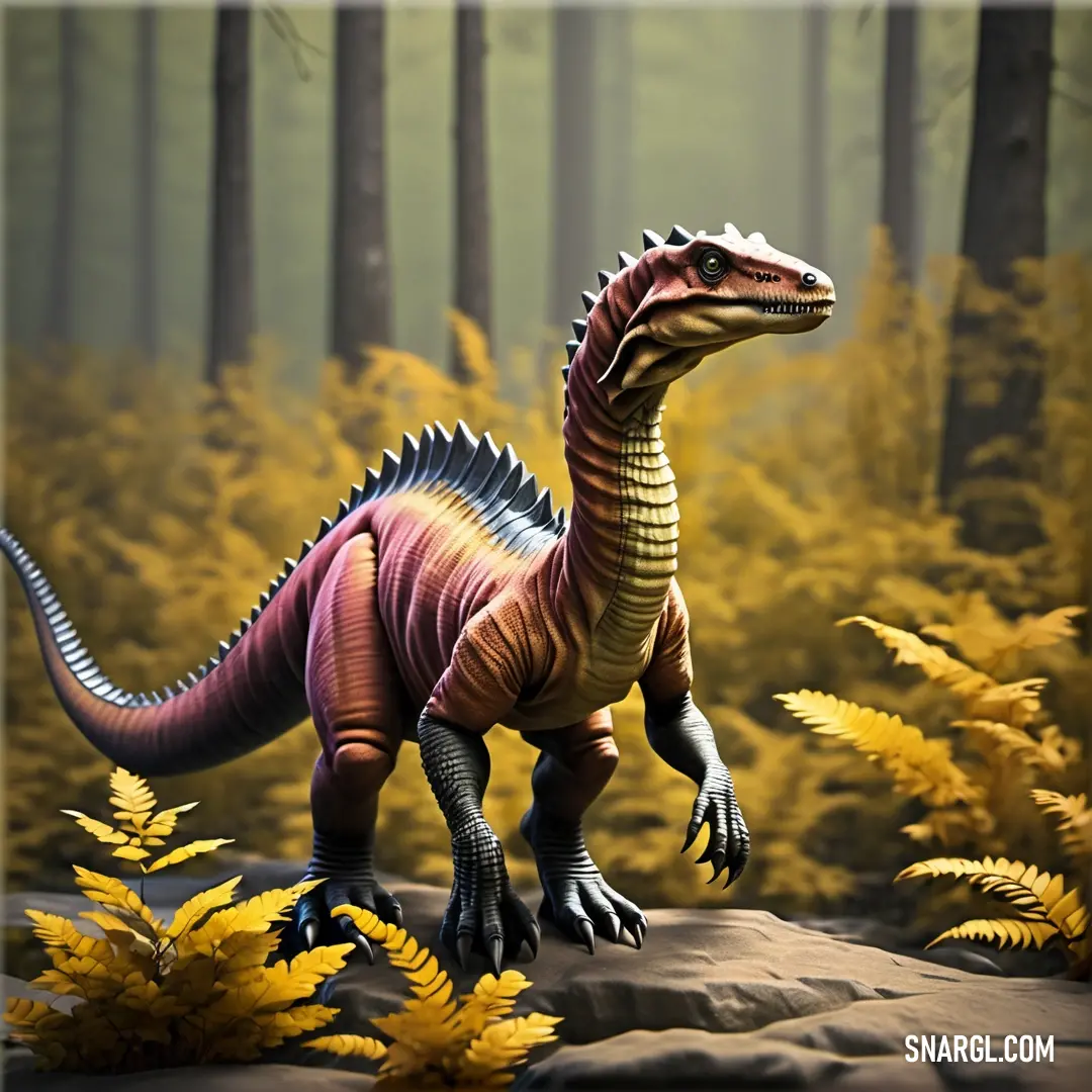 Toy Bavarisaurus standing on a rock in a forest with yellow flowers and ferns in the foreground